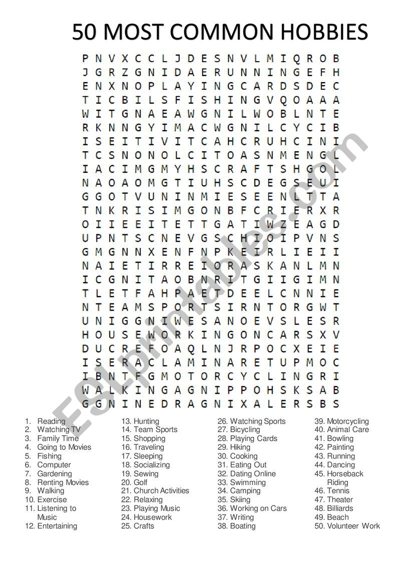 50 MOST COMMON HOBBIES WORDSEARCH