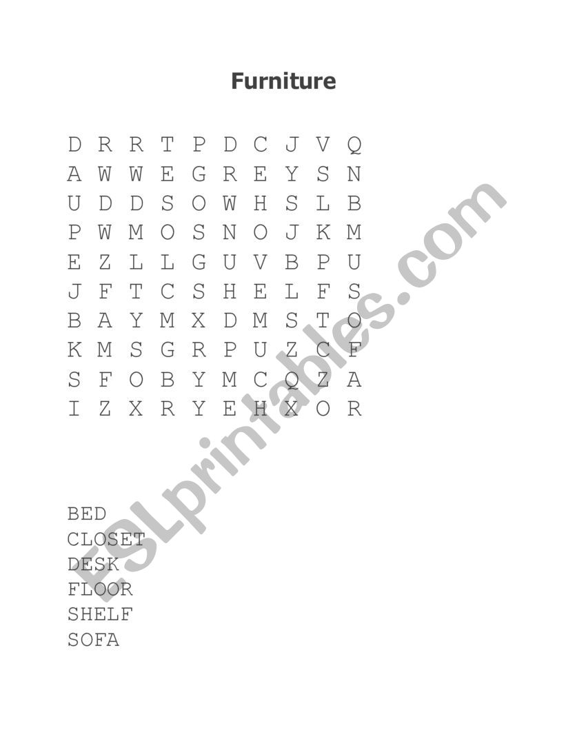 Wordsearch Furniture worksheet