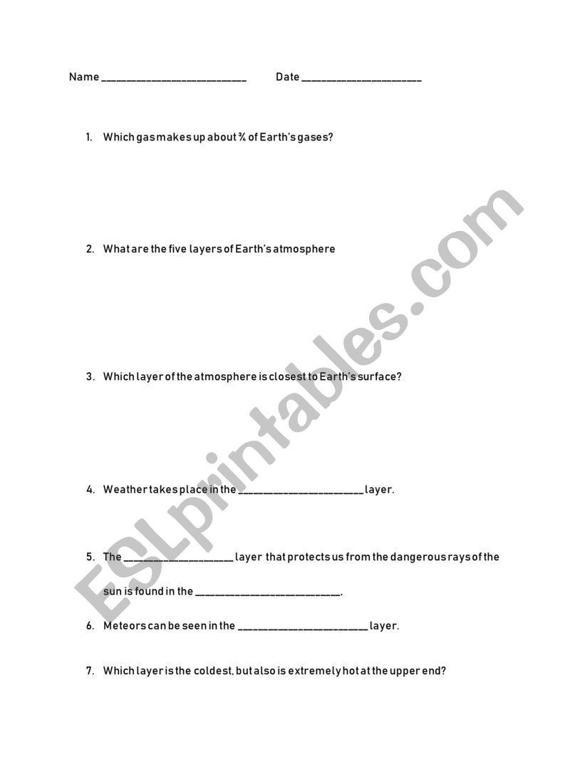 Atmosphere and clouds worksheet