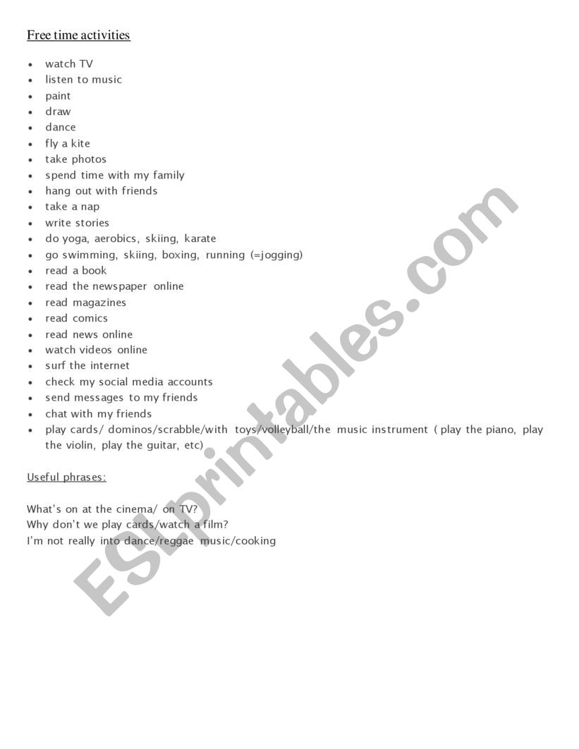 Free time activities worksheet