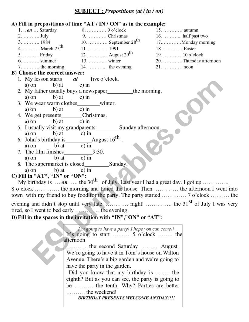 IN - AT - ON  worksheet