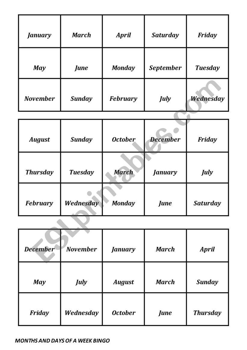 Days of teh week bingo worksheet