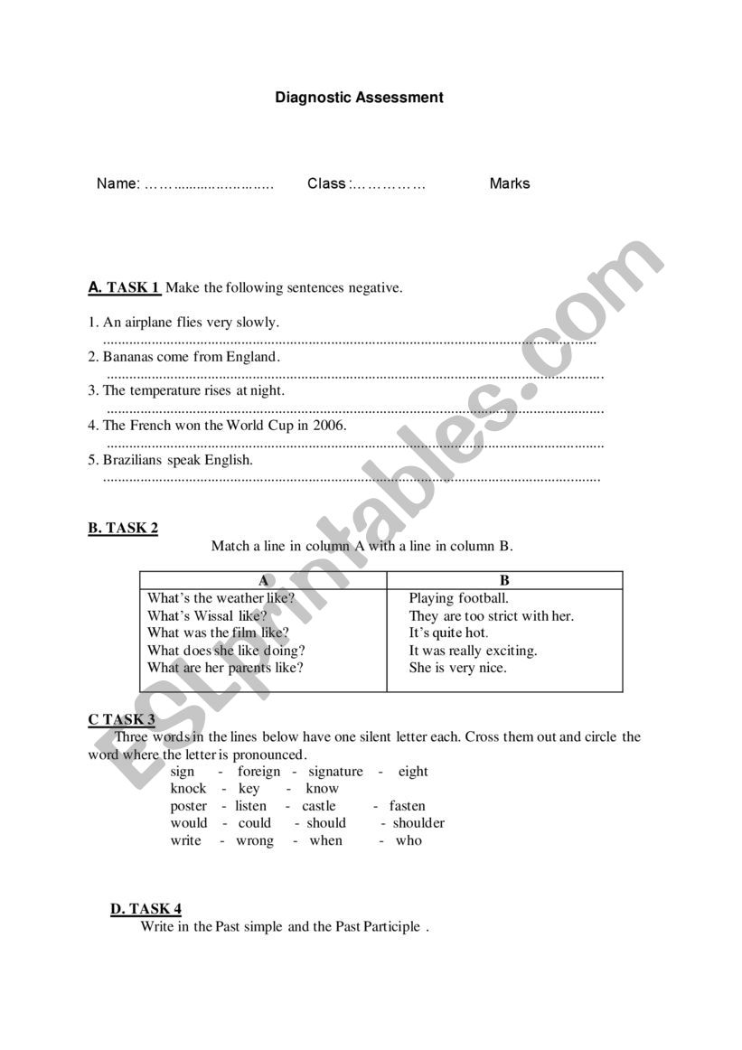 diagnostic test worksheet