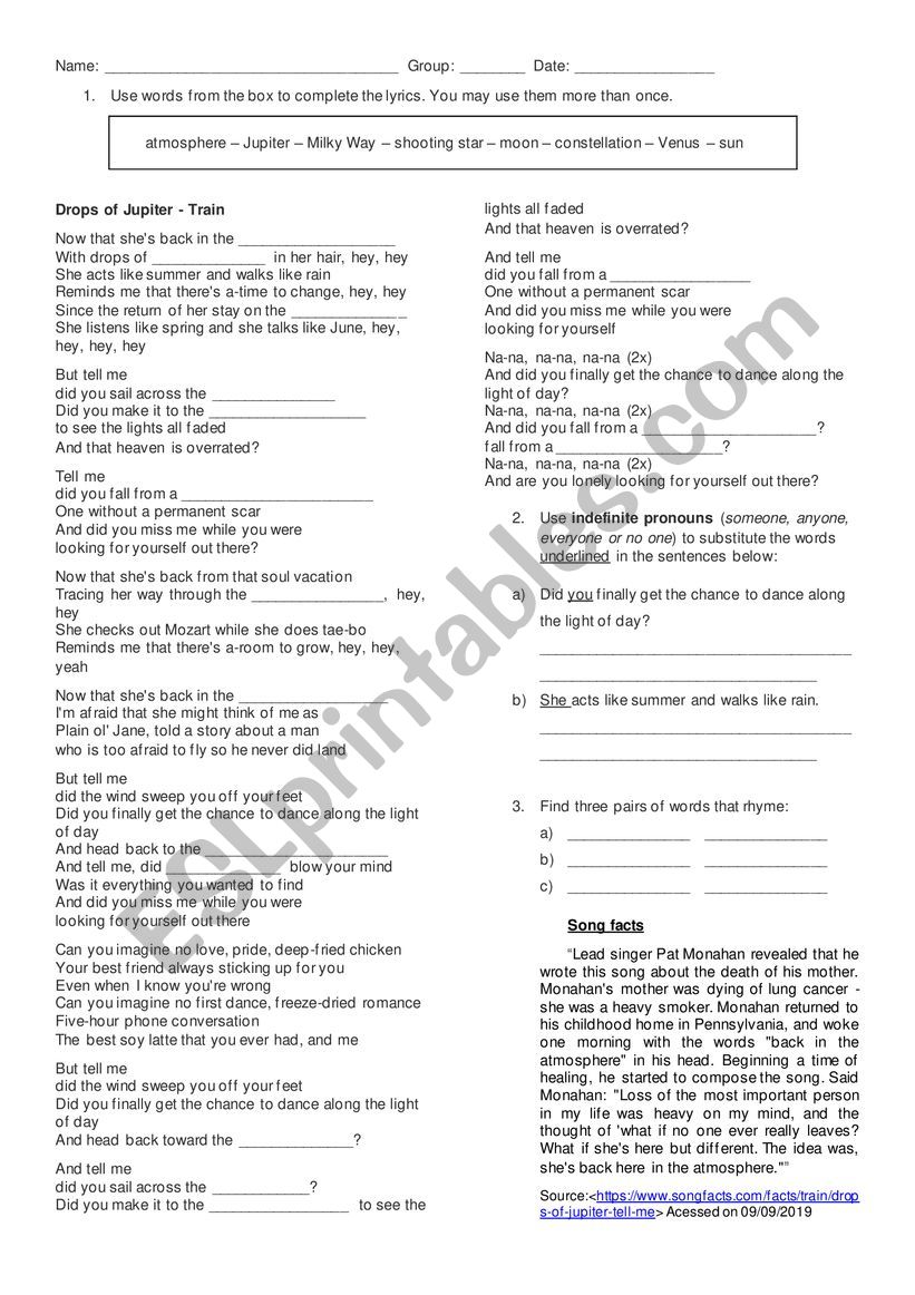 Drops of Jupiter - Train worksheet