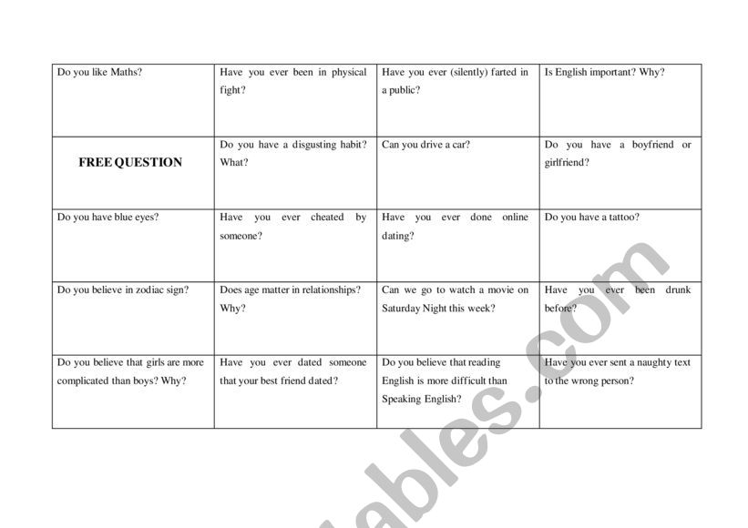 BINGO worksheet