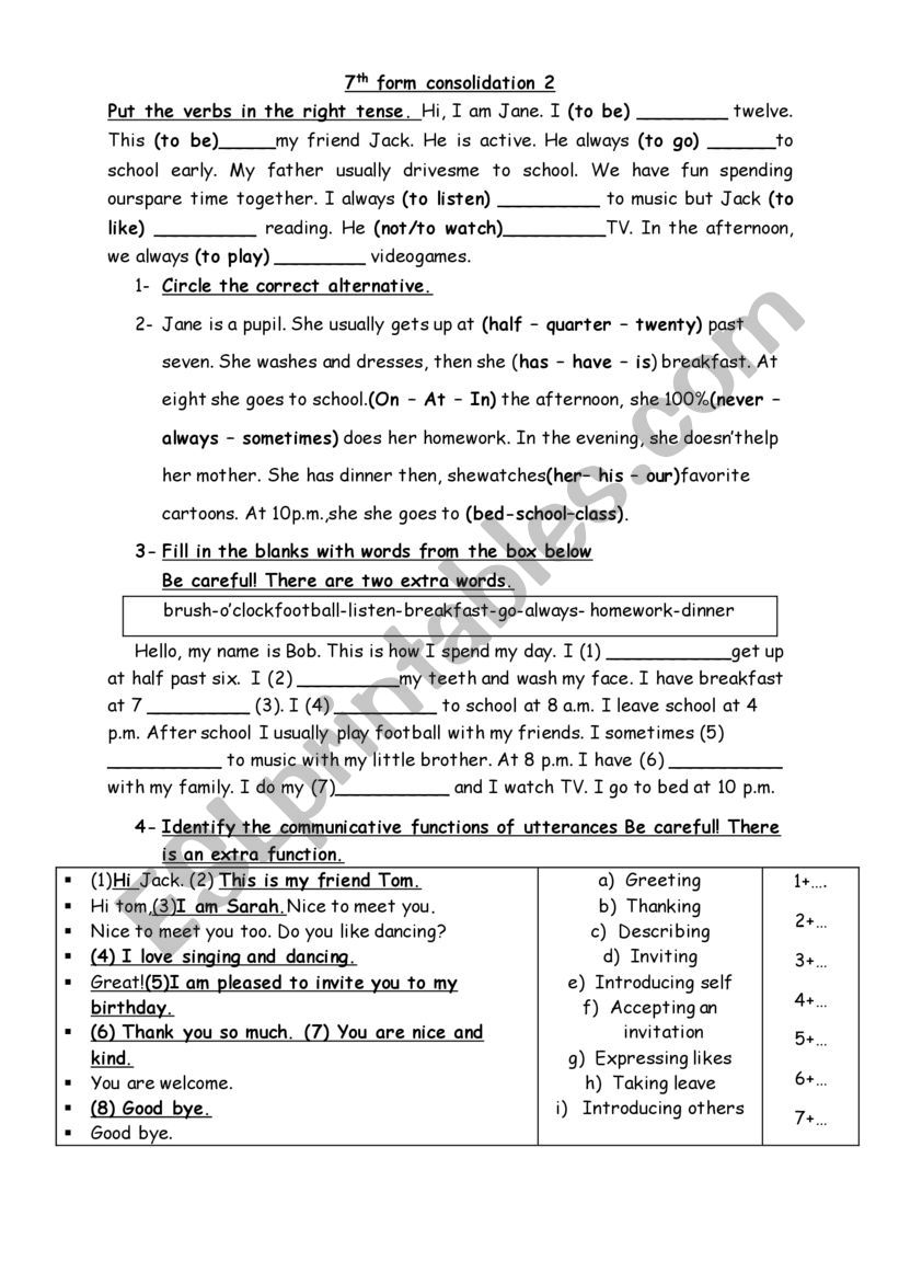 7th form consolidation 2 worksheet