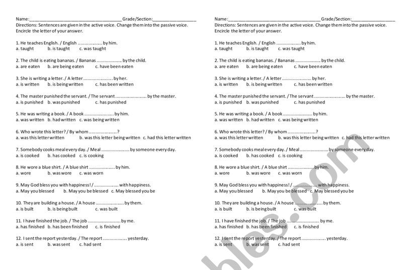 Active and Passive Voices worksheet