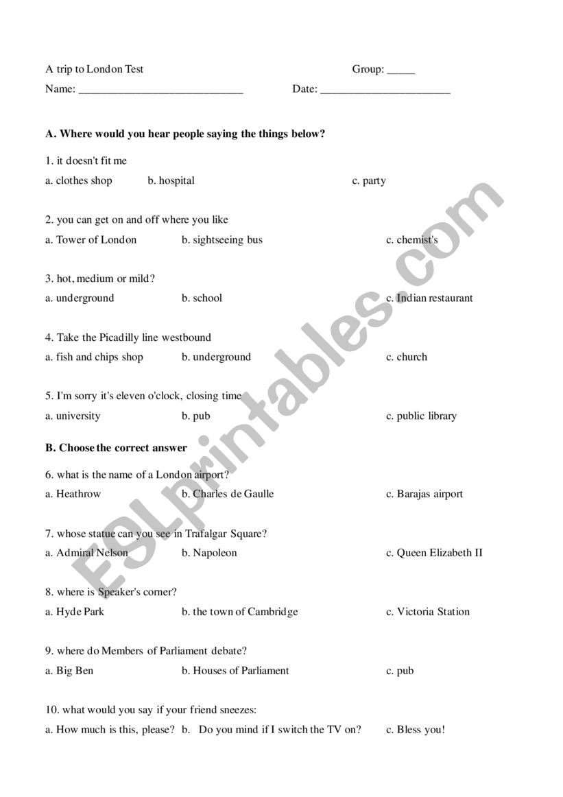 A Trip to London worksheet