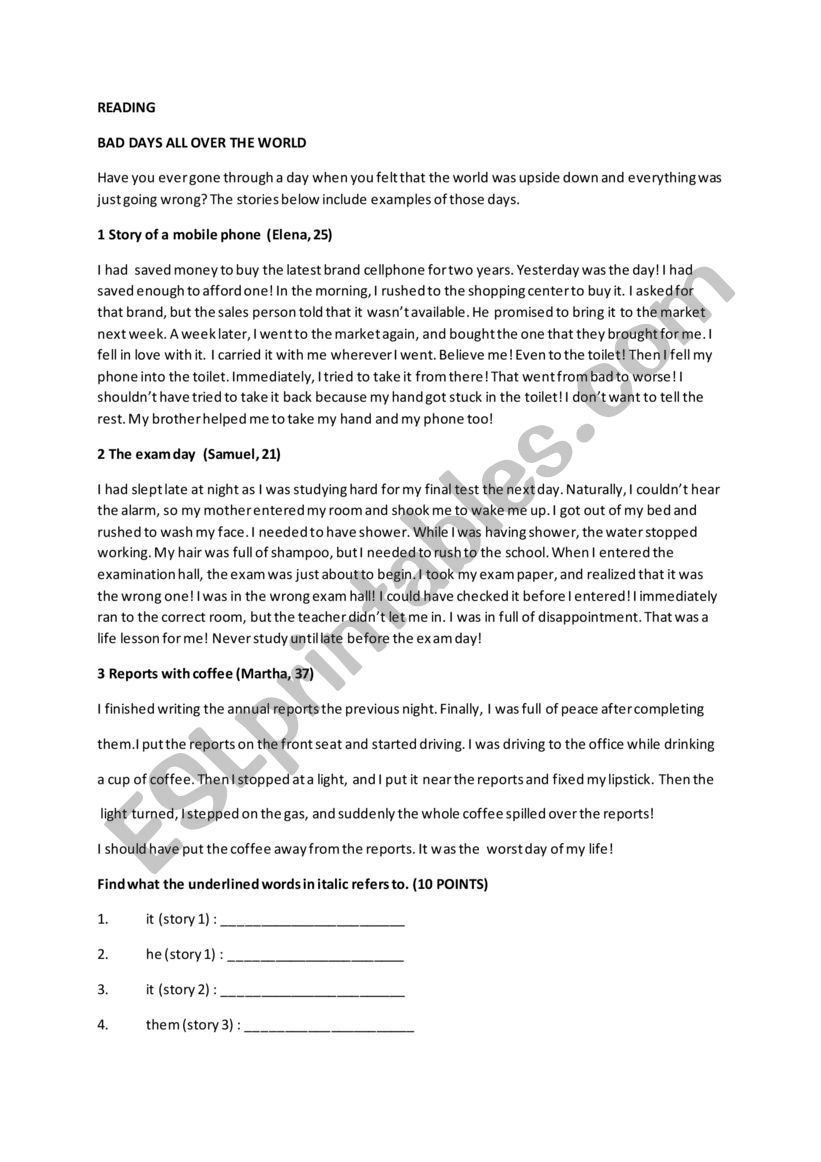 bad days worksheet