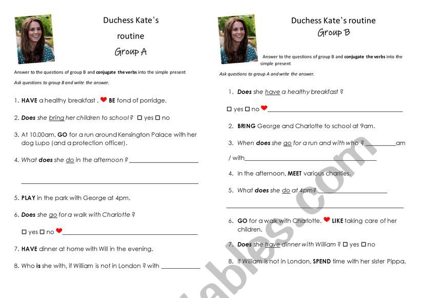 Duchess Kate s routine worksheet