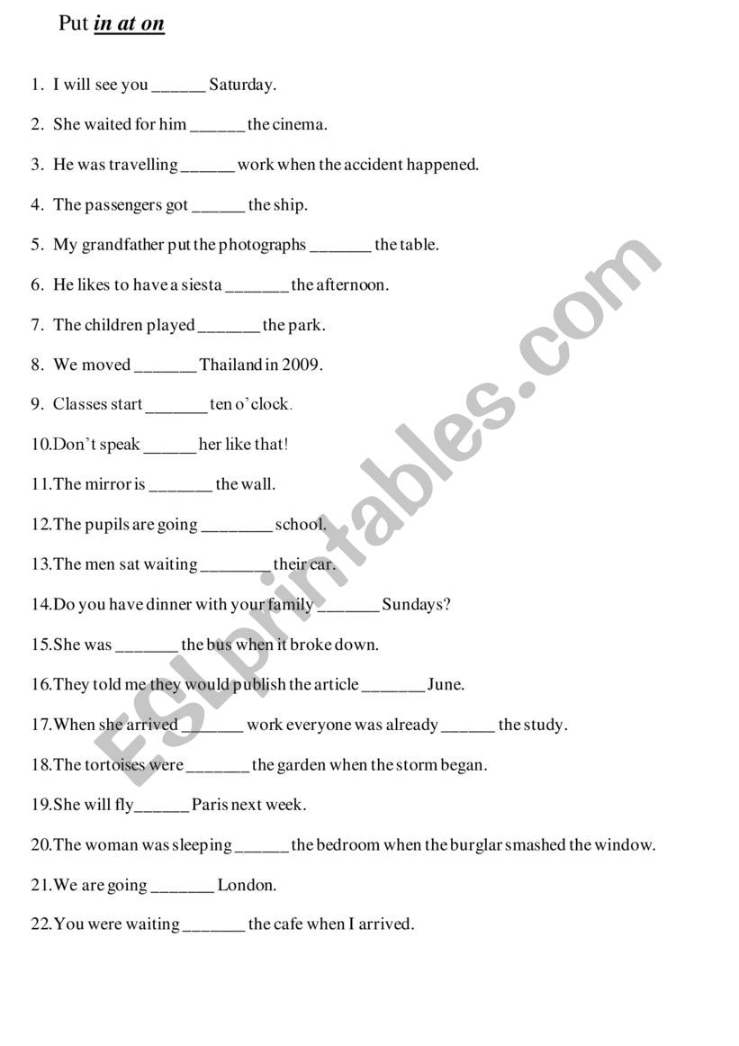 prepositions at in to worksheet