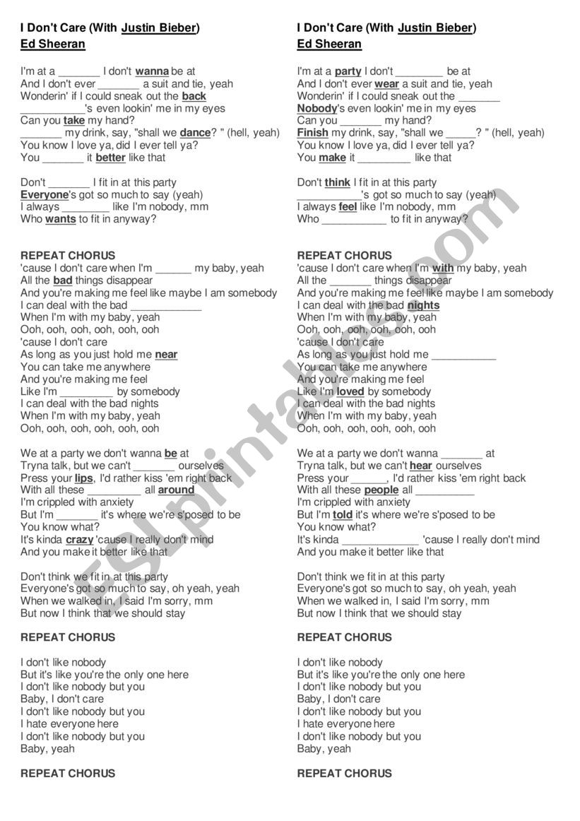 I don´t care (Ed Sheeran) - ESL worksheet by LailaCorrea