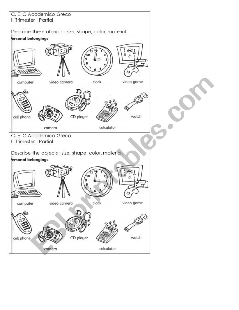 Describe Objects worksheet