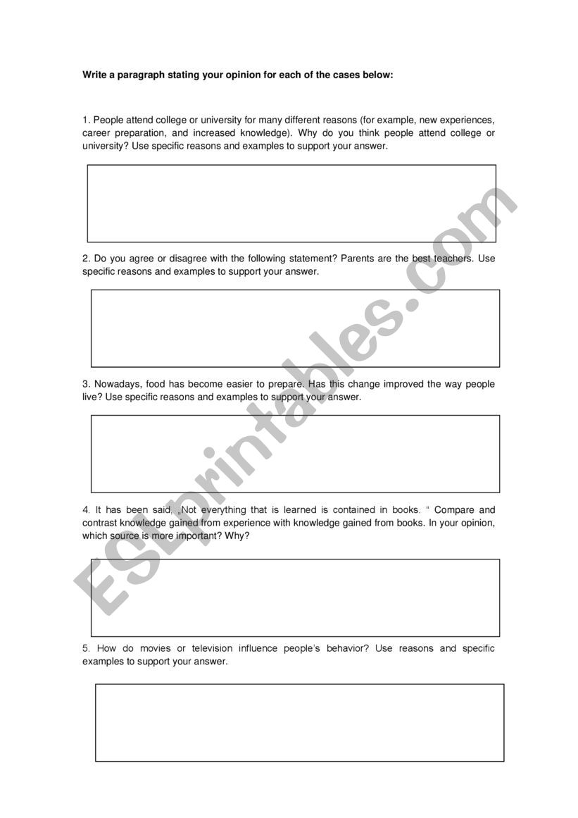 Stating opinion worksheet