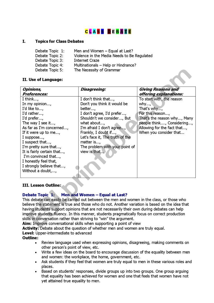 Debate topics worksheet