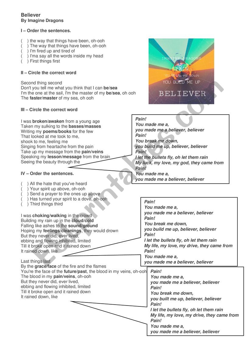 Believer by Imagine Dragons worksheet