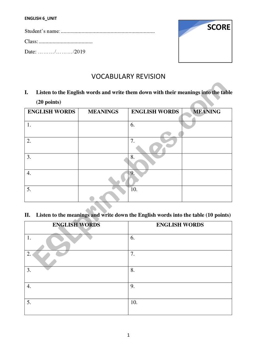 New Word Revision Worksheet worksheet