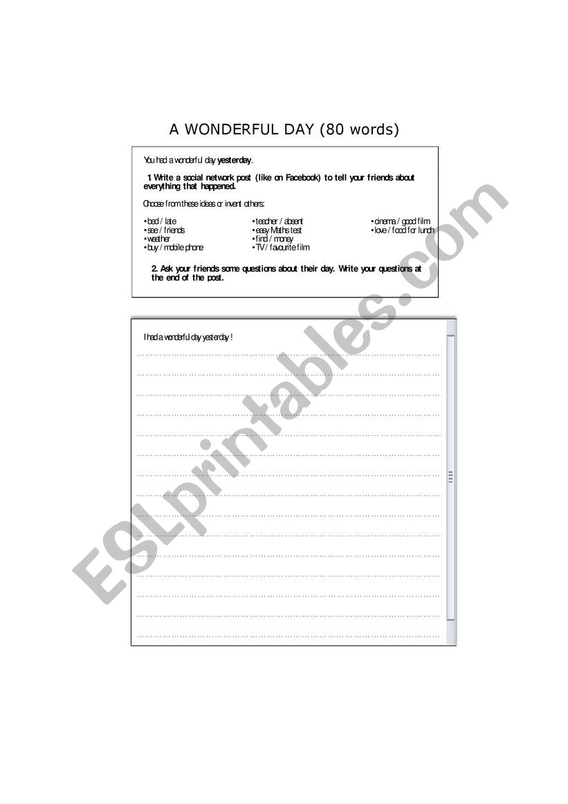 WRITING past wonderful day worksheet