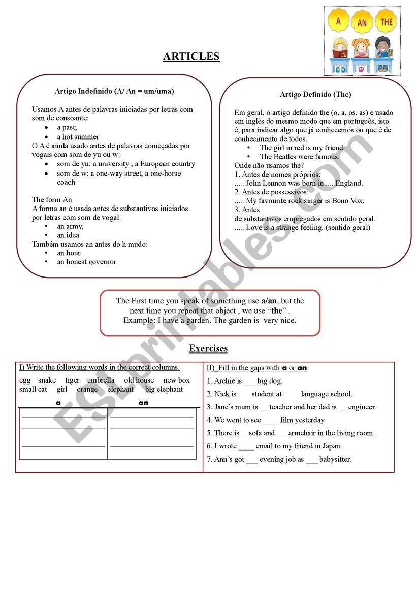 ARTICLE RULES AND EXERCISES worksheet