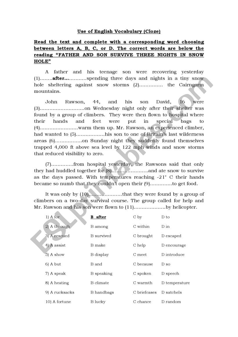 Cloze for Intermediate level worksheet