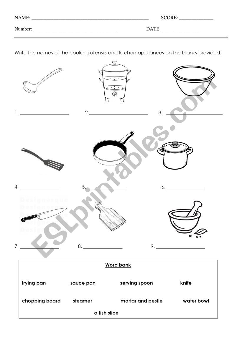 Cooking utensil worksheet