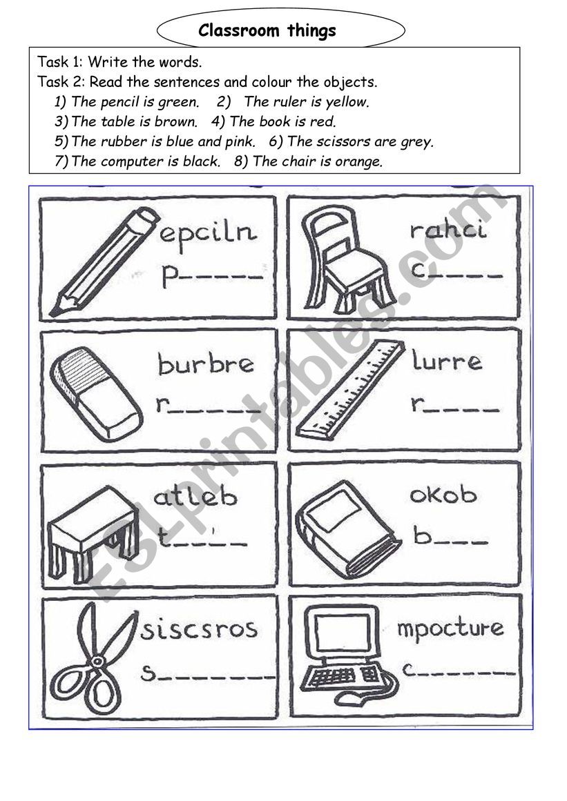 Classroom objects coloring - ESL worksheet by Yasinka