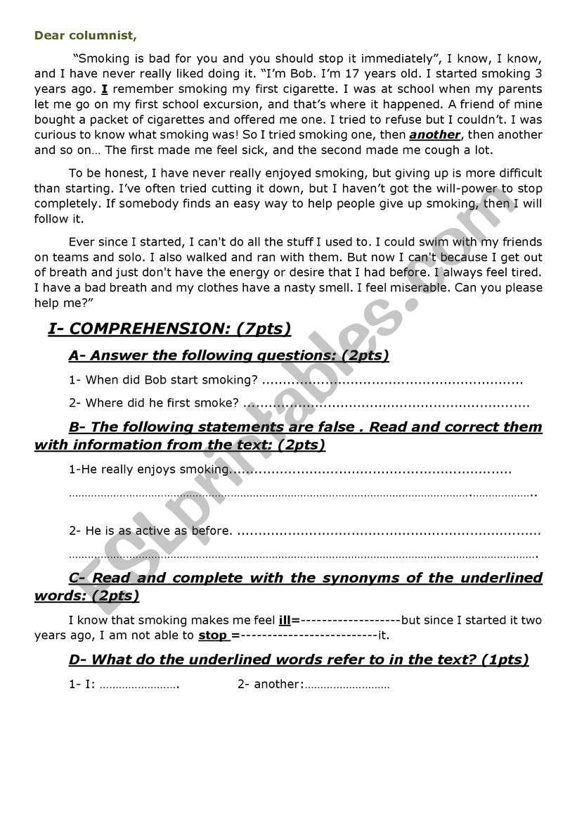 diagnostic test worksheet