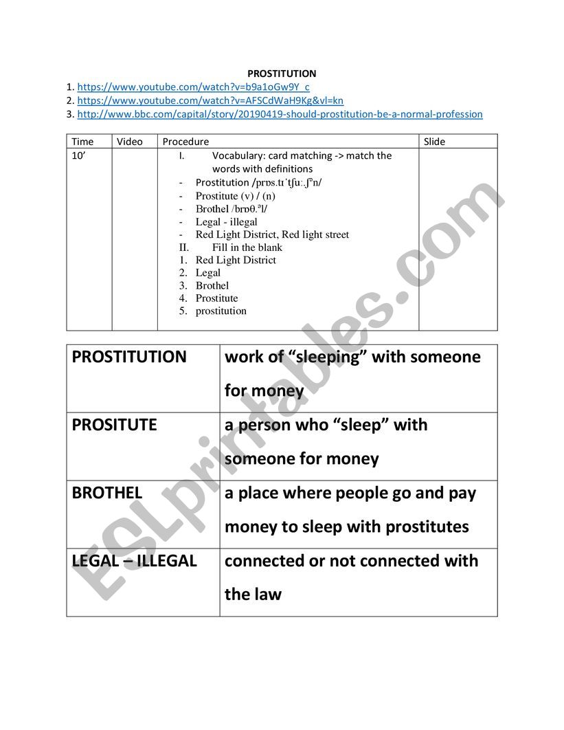 Prostitution worksheet