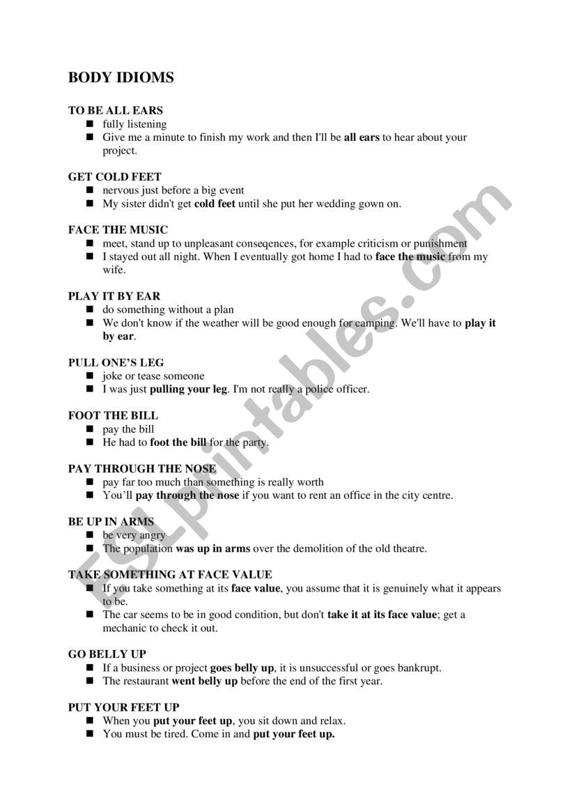 body idioms worksheet