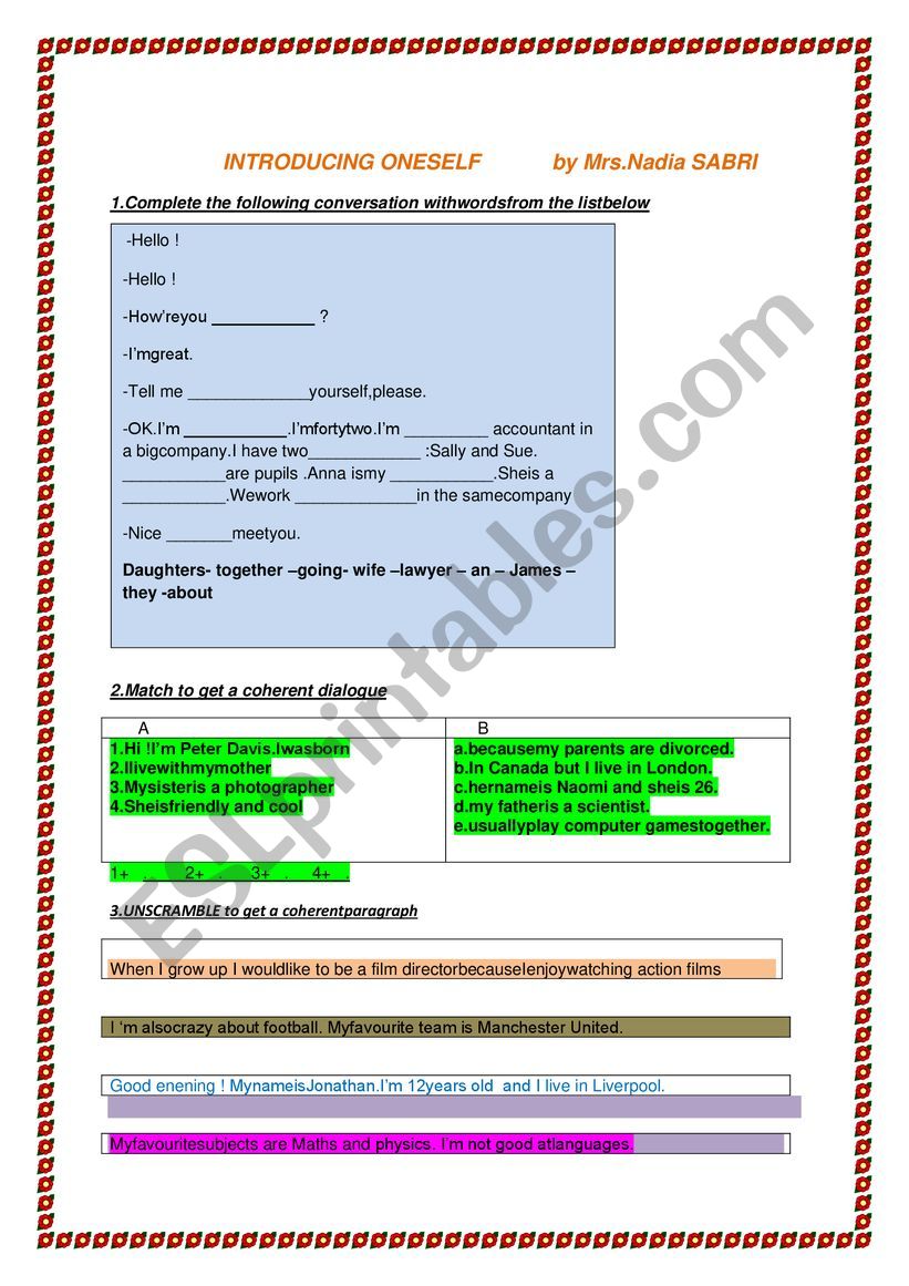 INTRODUCING ONESELF worksheet