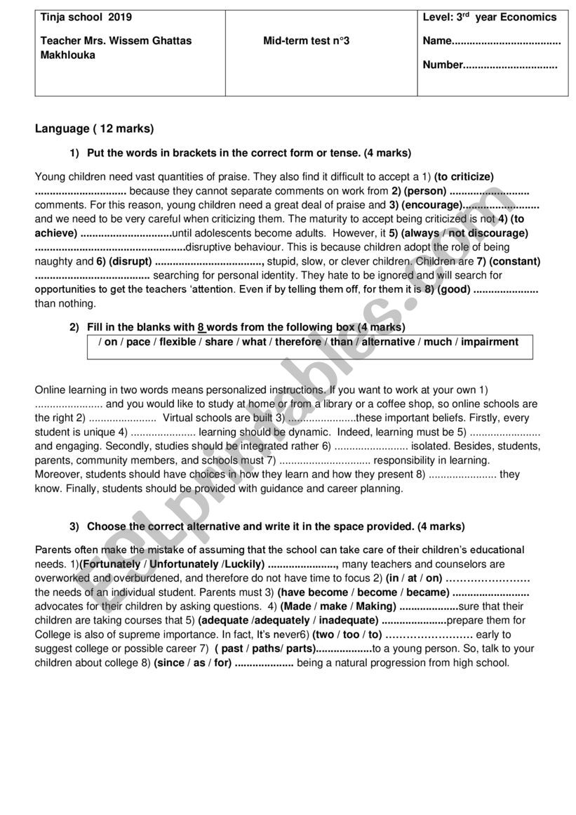 mid-term Test n°3 - ESL worksheet by wissemtaher