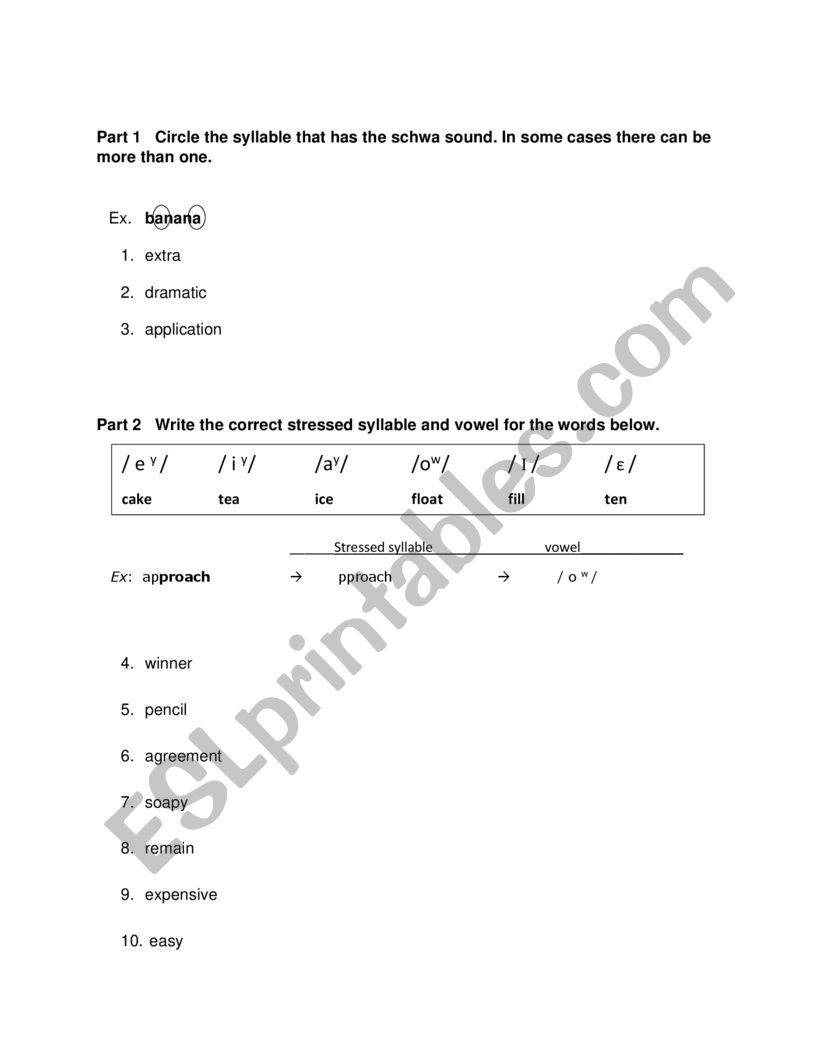 Schwa and vowel practice worksheet