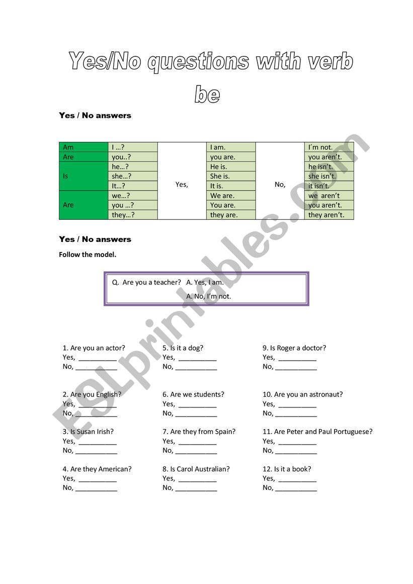 Yes/No questions with be worksheet