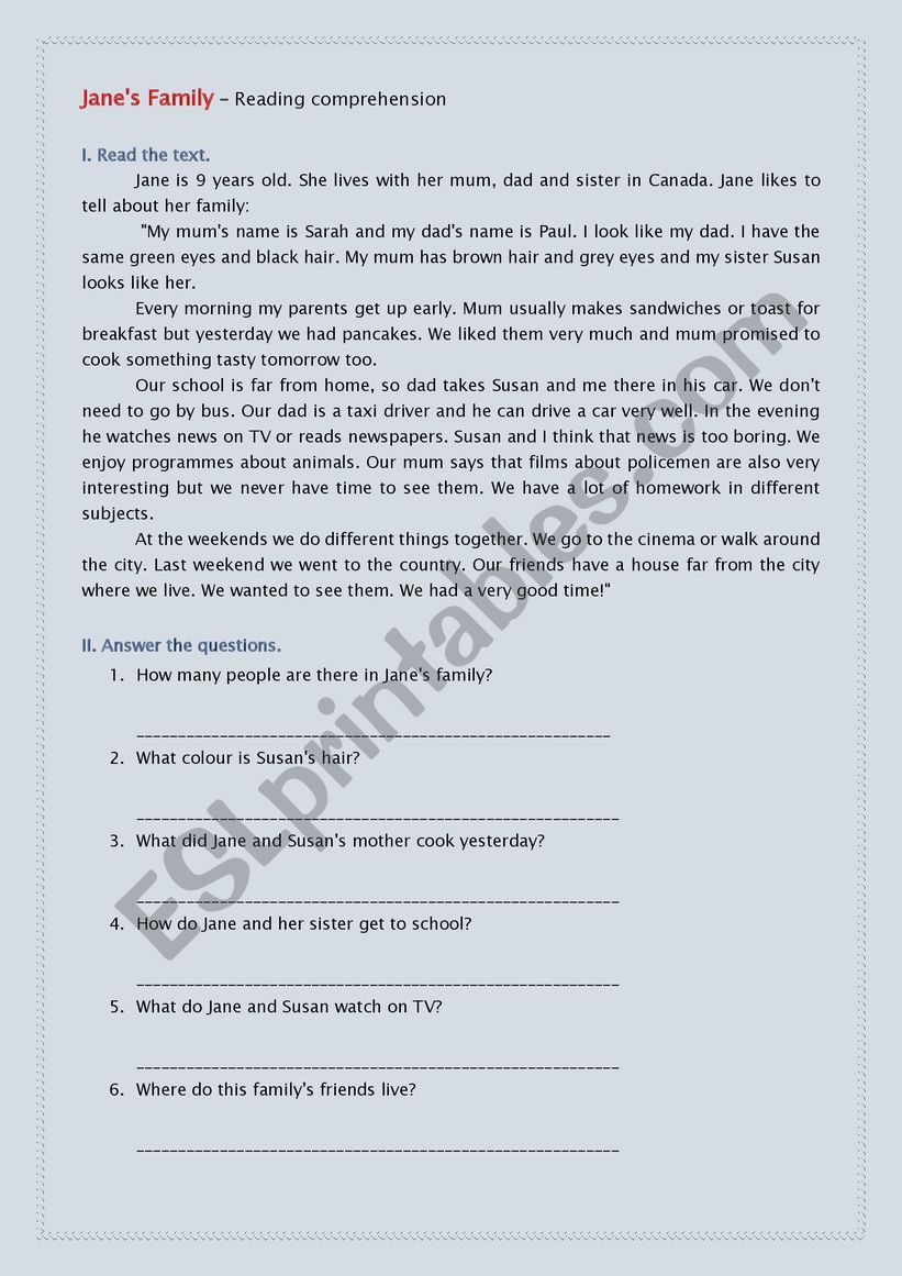 JANE´S FAMILY - Reading Comprehension - ESL worksheet by iornik3