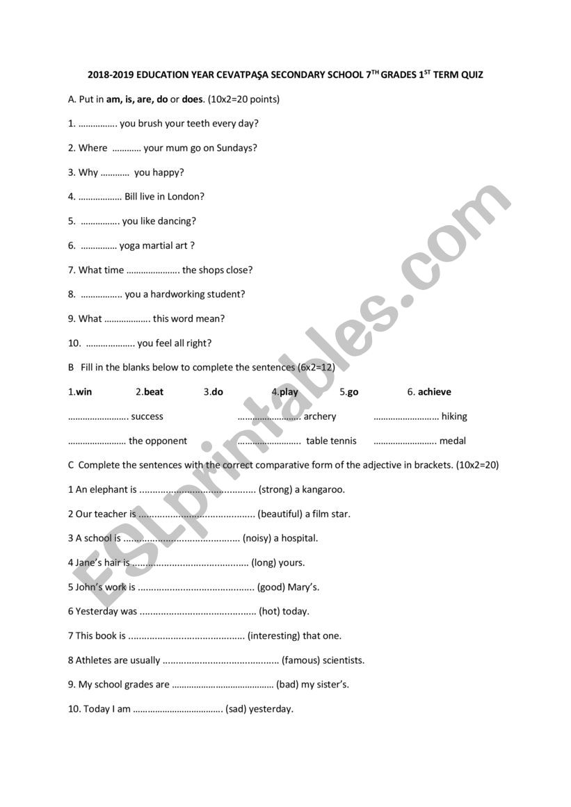 7 grades quiz worksheet