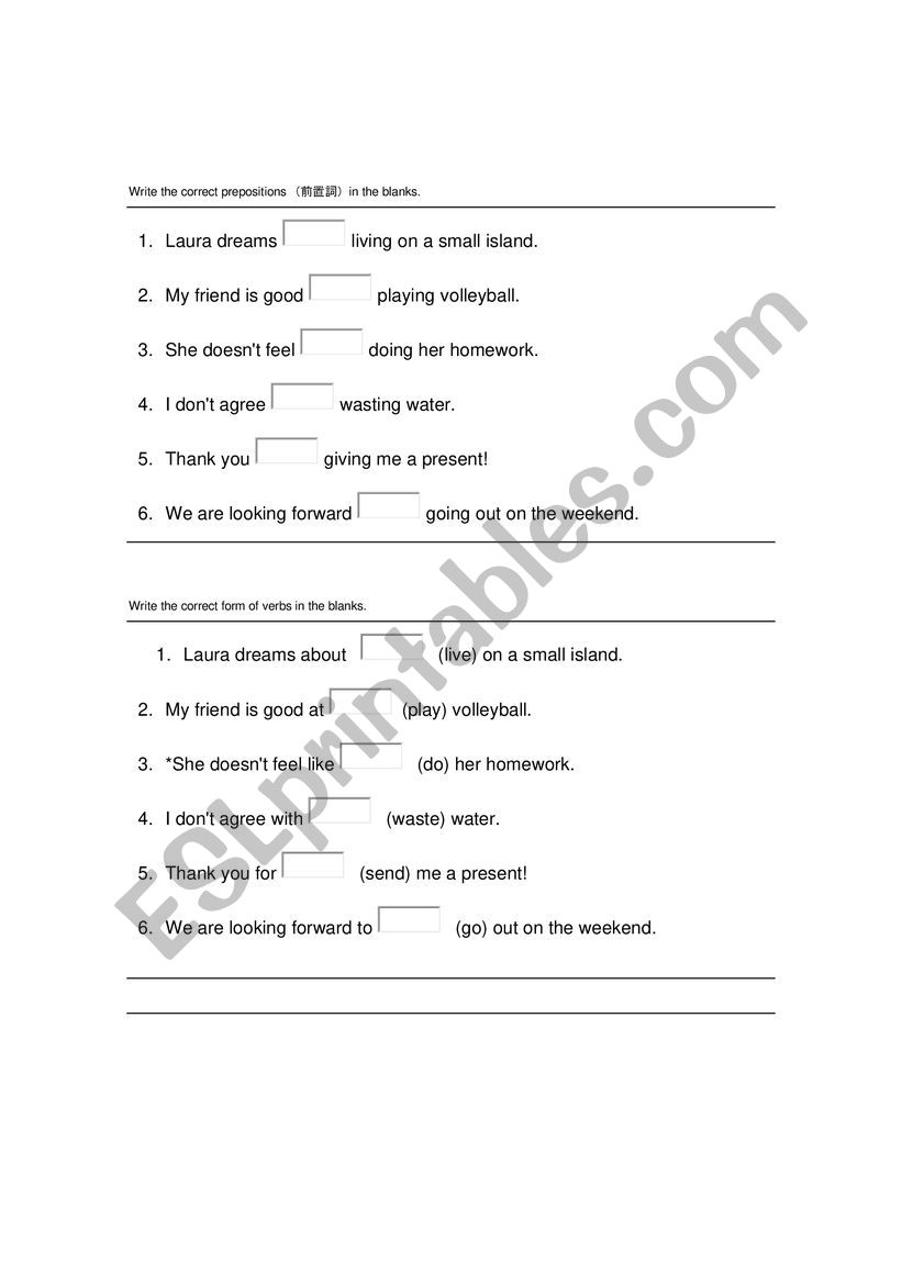 Write the correct preposition worksheet