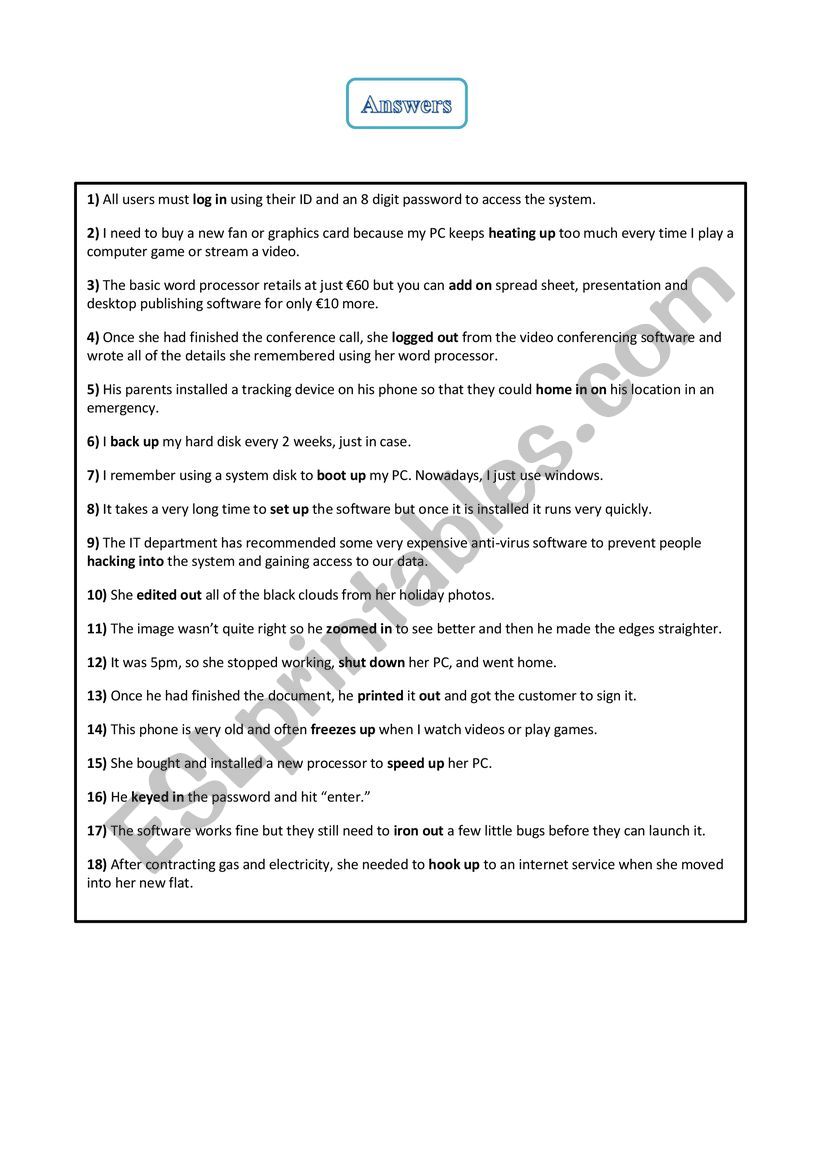 Phrasal Verbs About Technology 2: Digital - ESL worksheet by spinney