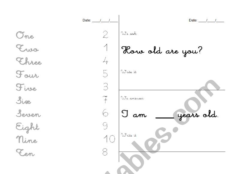 Numbers 1-10 and age worksheet