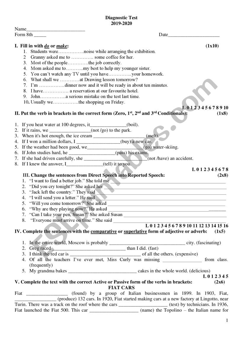 DIAGNOSTIC TEST worksheet