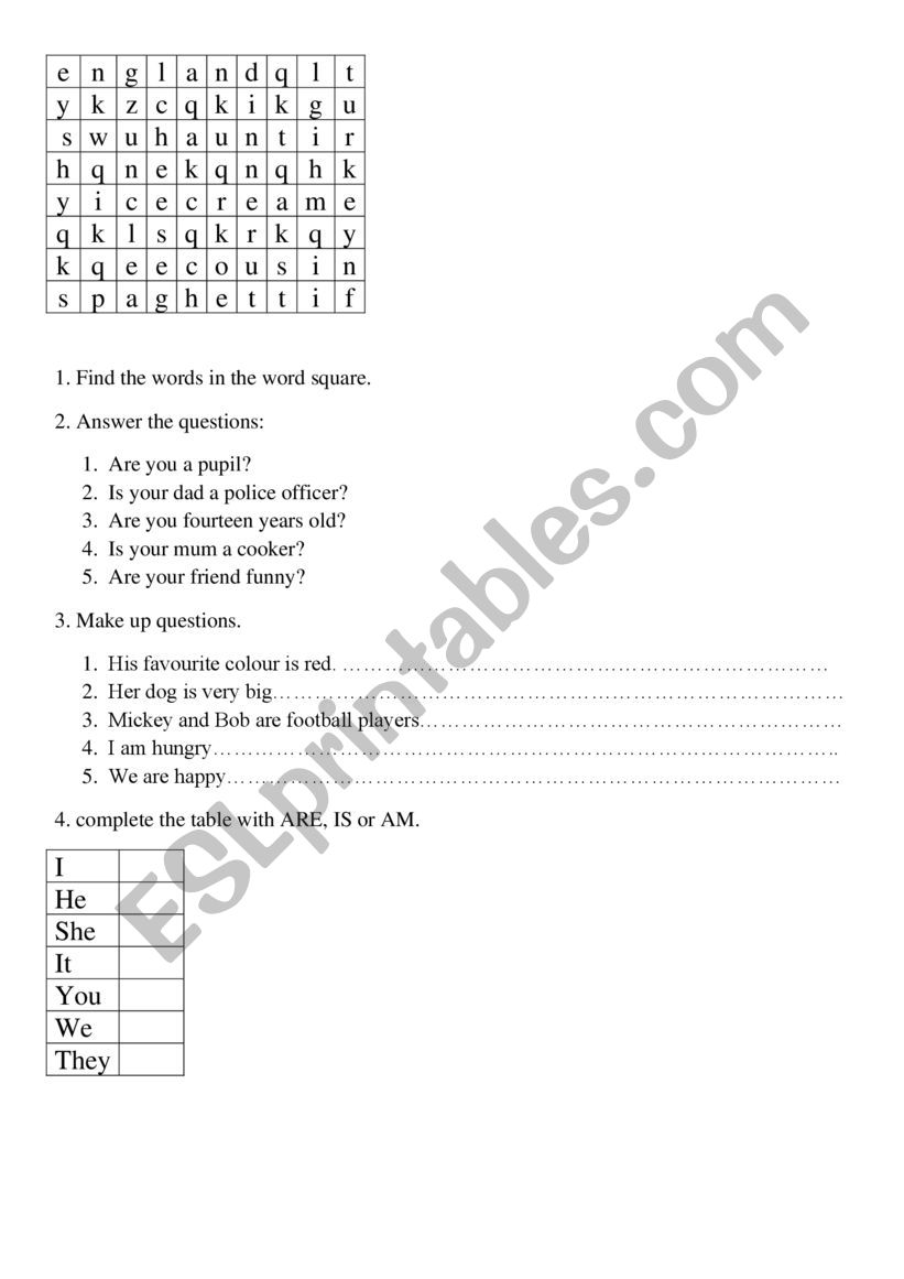 verb to be worksheet