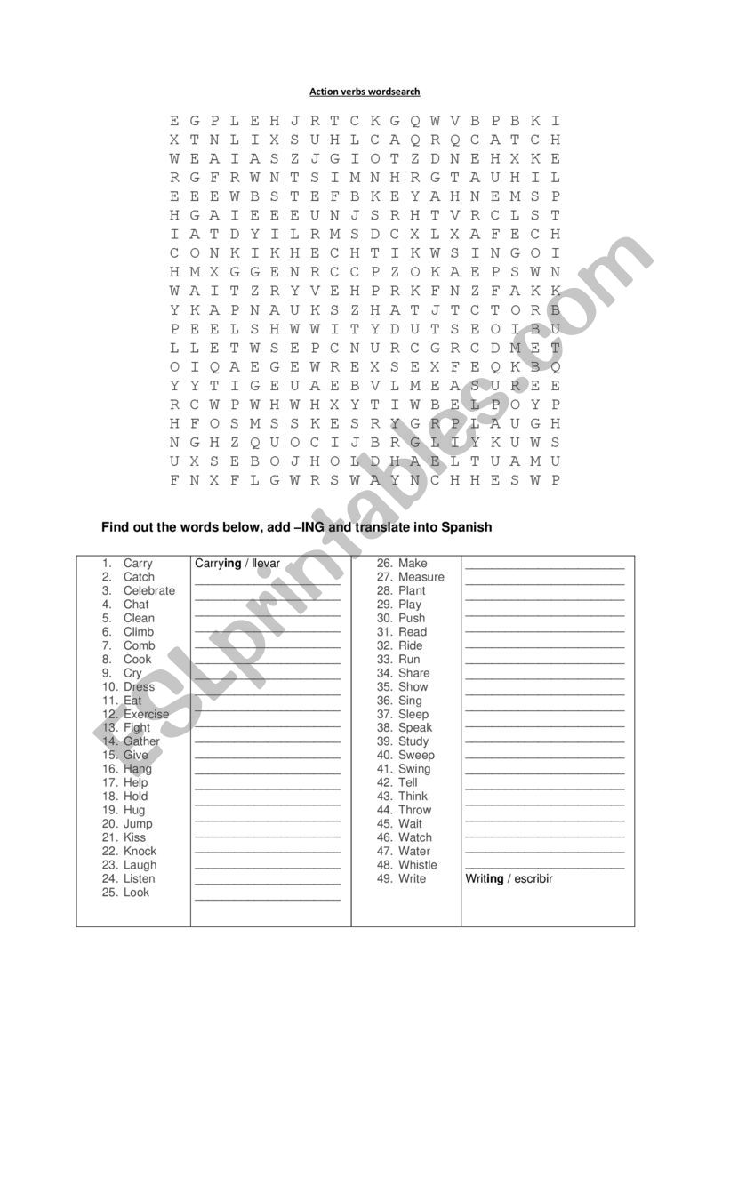 Action verbs wordsearch worksheet