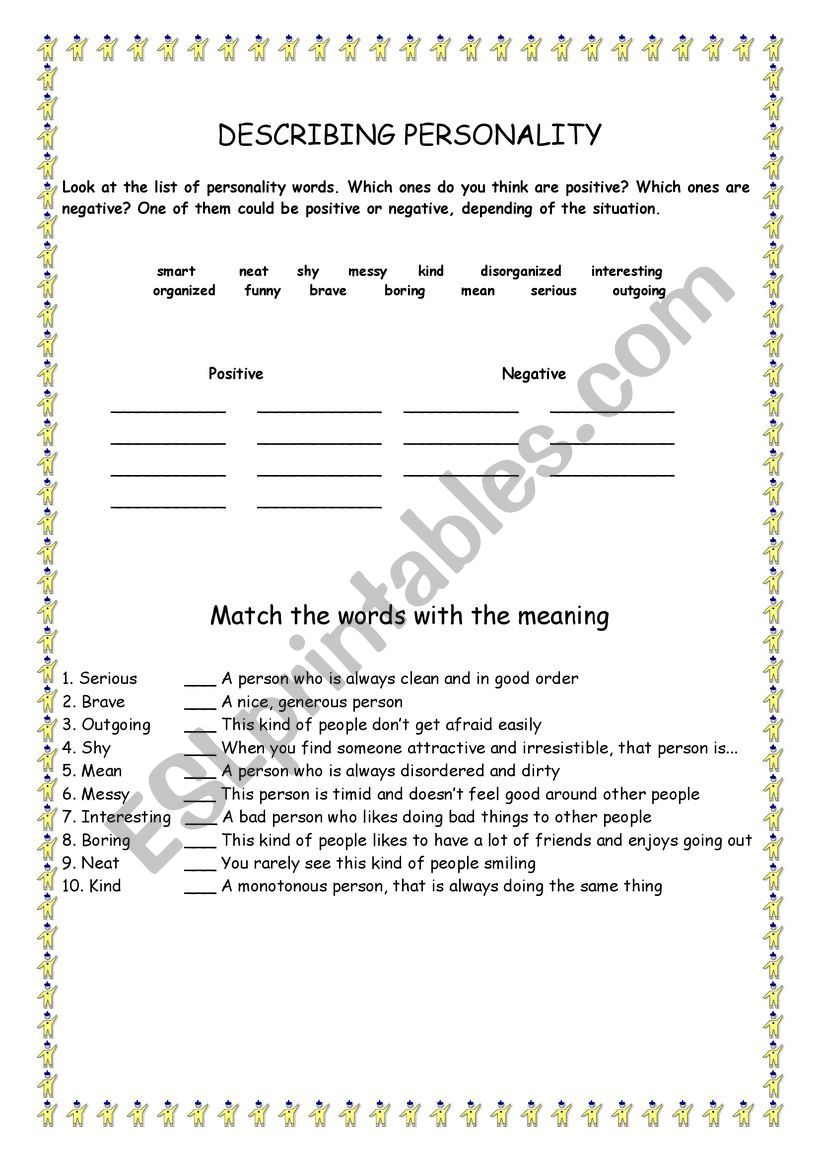 describing personality worksheet