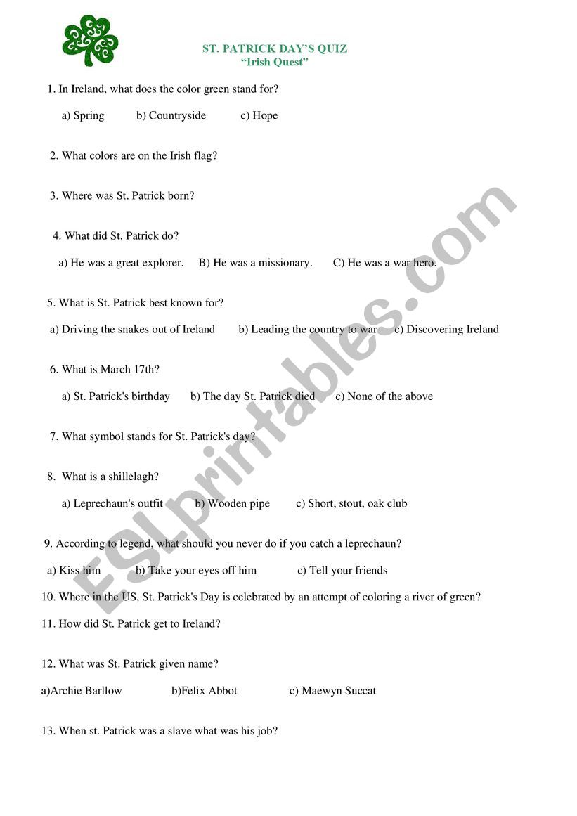 Saint Patrick day worksheet