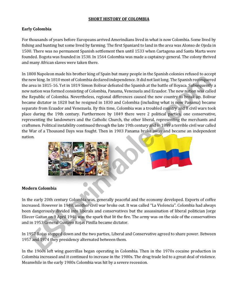 History f Colombia  worksheet