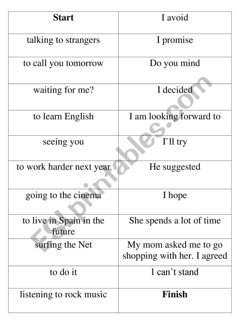 Infinitivegerund domino worksheet