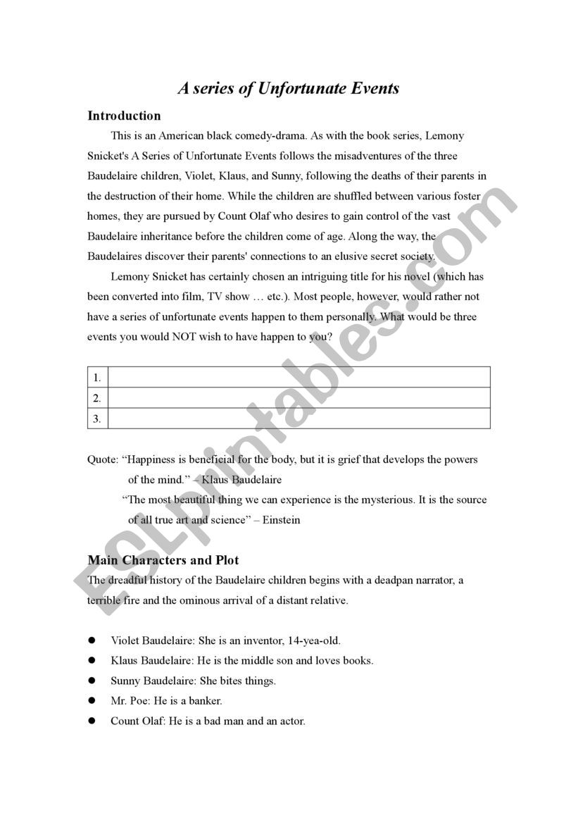 A series of Unfortunate Events Worksheet