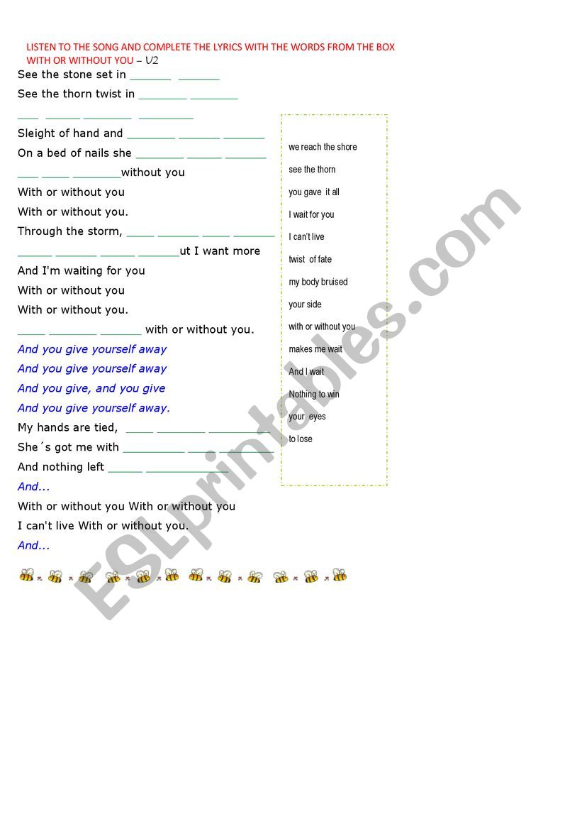 with or without you worksheet