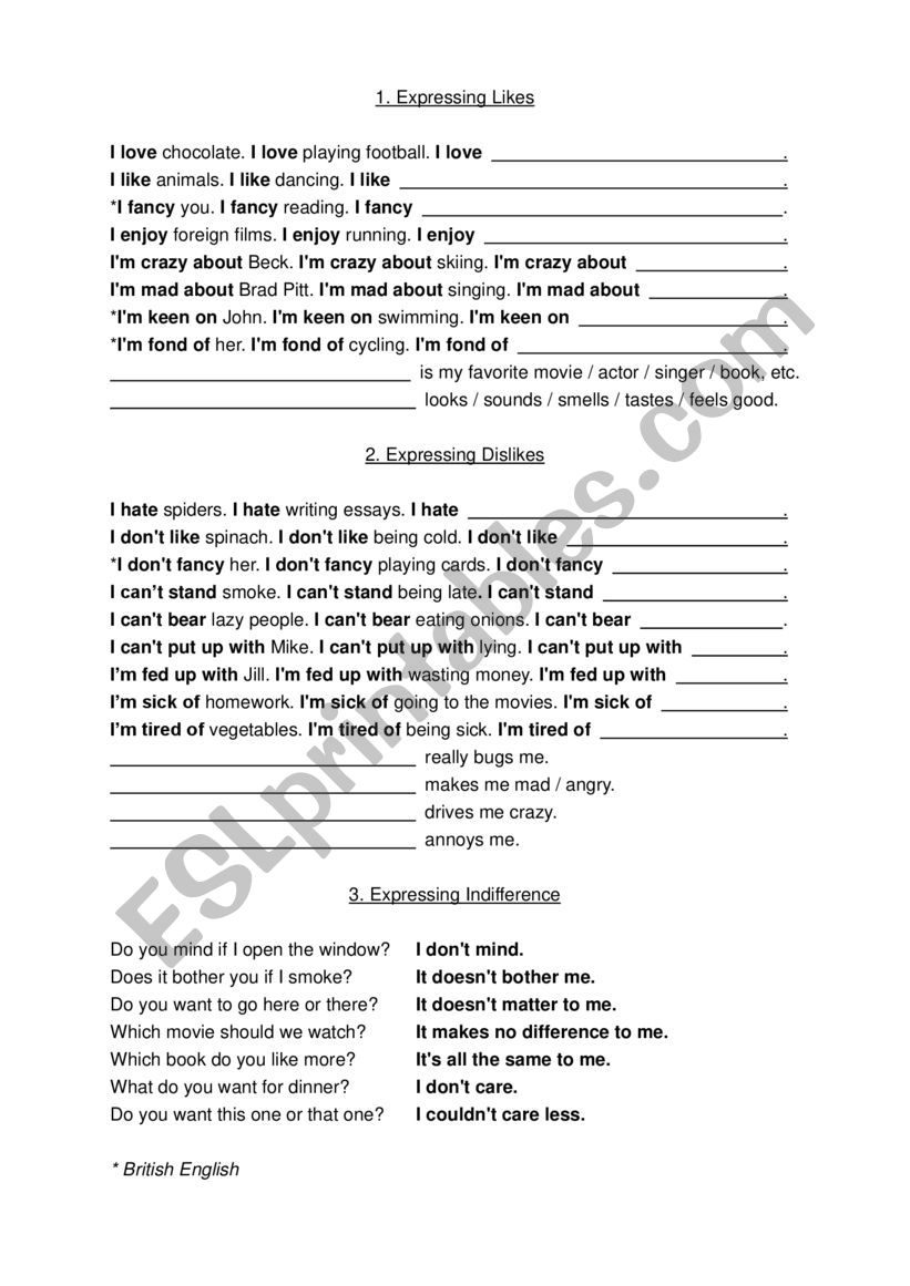 likes and dislikes worksheet