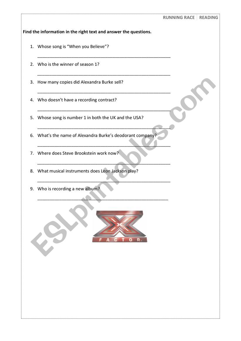 X Factor winners worksheet