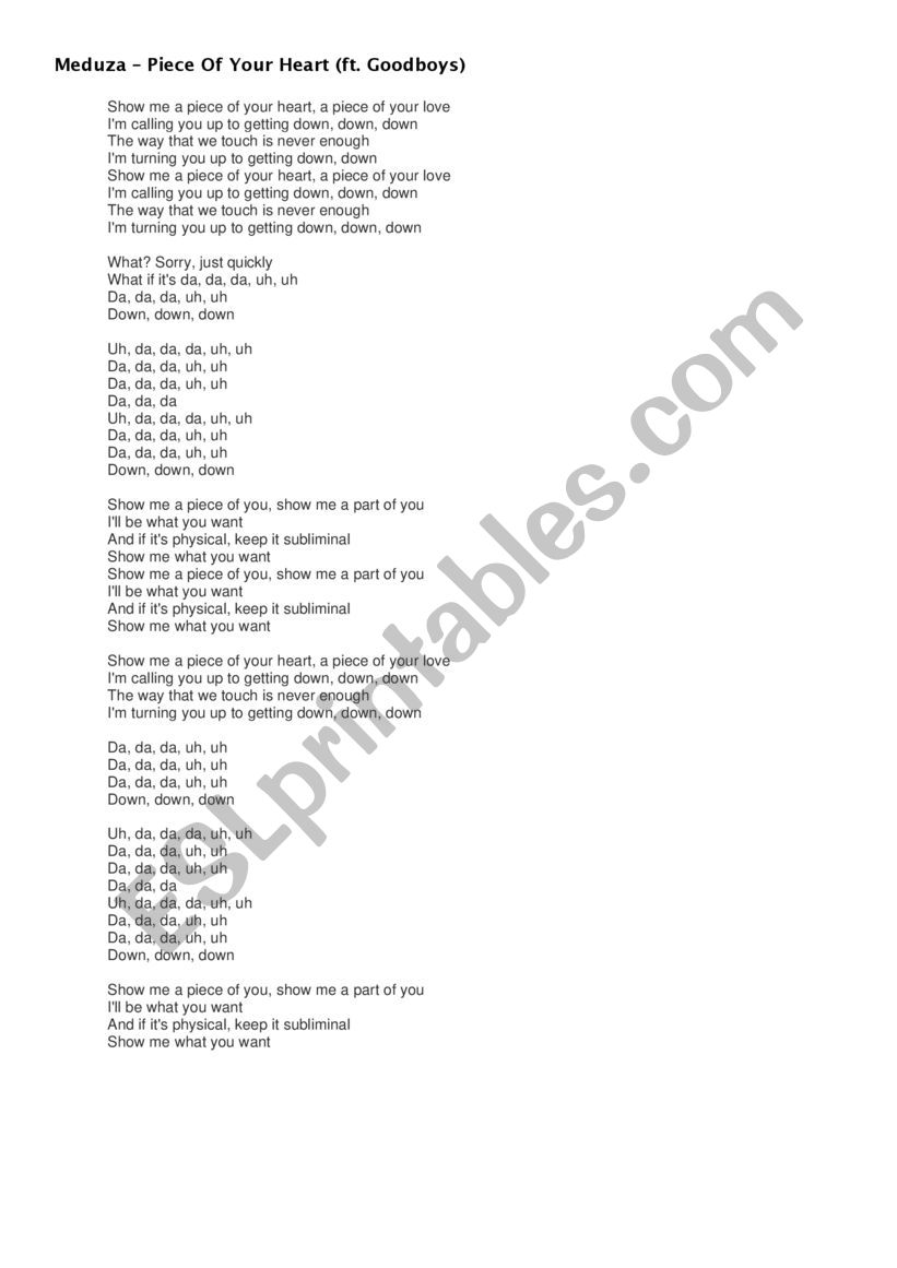 Piece Of Your Heart Meduza Song Esl Worksheet By Pricsuraji